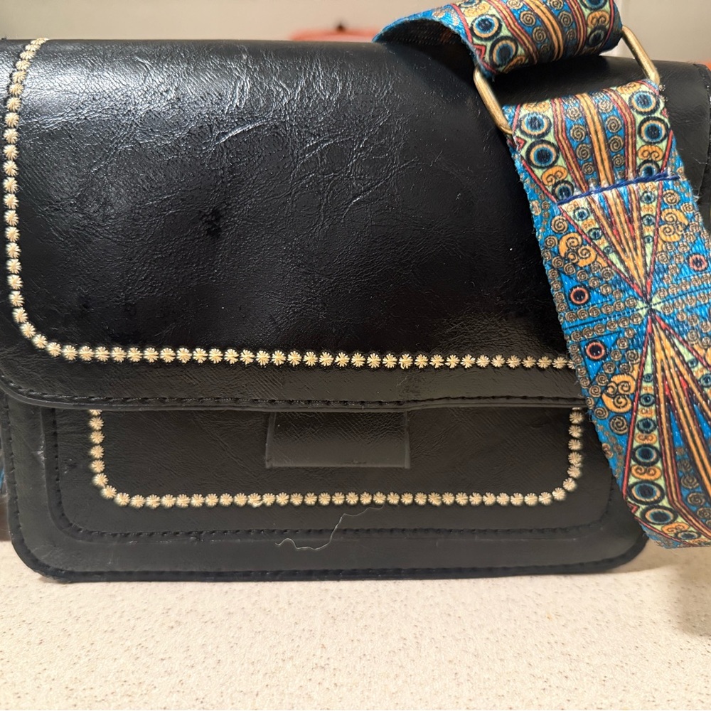Black Leather Bag with Embellished Strap
